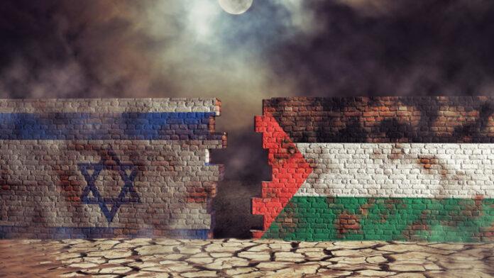 Flags of Palestine and Israel painted on cracked wall Palestinian conflict concept
