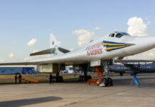 100th anniversary of the Russian Air Force Big Soviet supersonic high speed strategic bomber with variable sweep wing Tu 160 White Swan (NATO: Blackjack) in parking