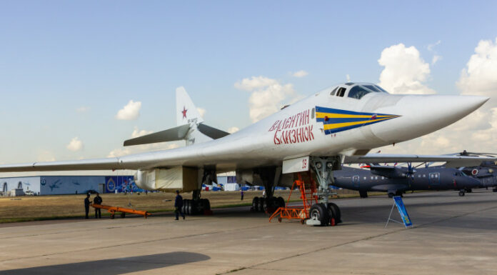 100th anniversary of the Russian Air Force Big Soviet supersonic high speed strategic bomber with variable sweep wing Tu 160 White Swan (NATO: Blackjack) in parking