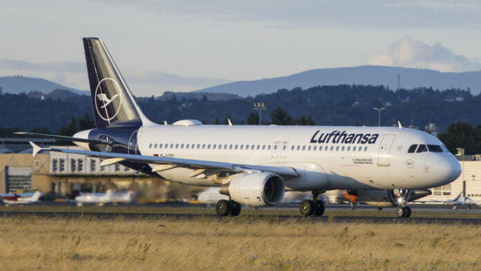 Lufthansa Airbus A320 on the runway at airport Graz departing for a flight to Munich