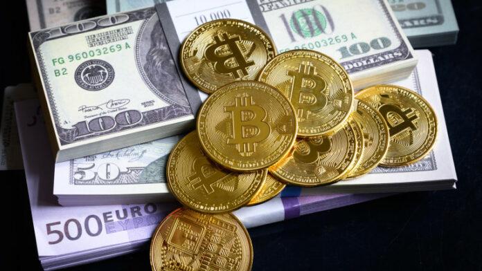 Bitcoin with cash pile, digital virtual crypto currency bitcoin and paper money stacks